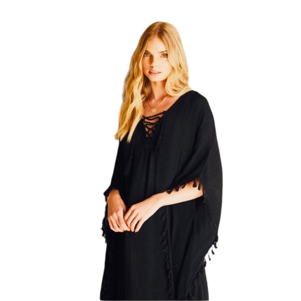 Walter Baker one size black gauze cover up caftan style lace up v-neck